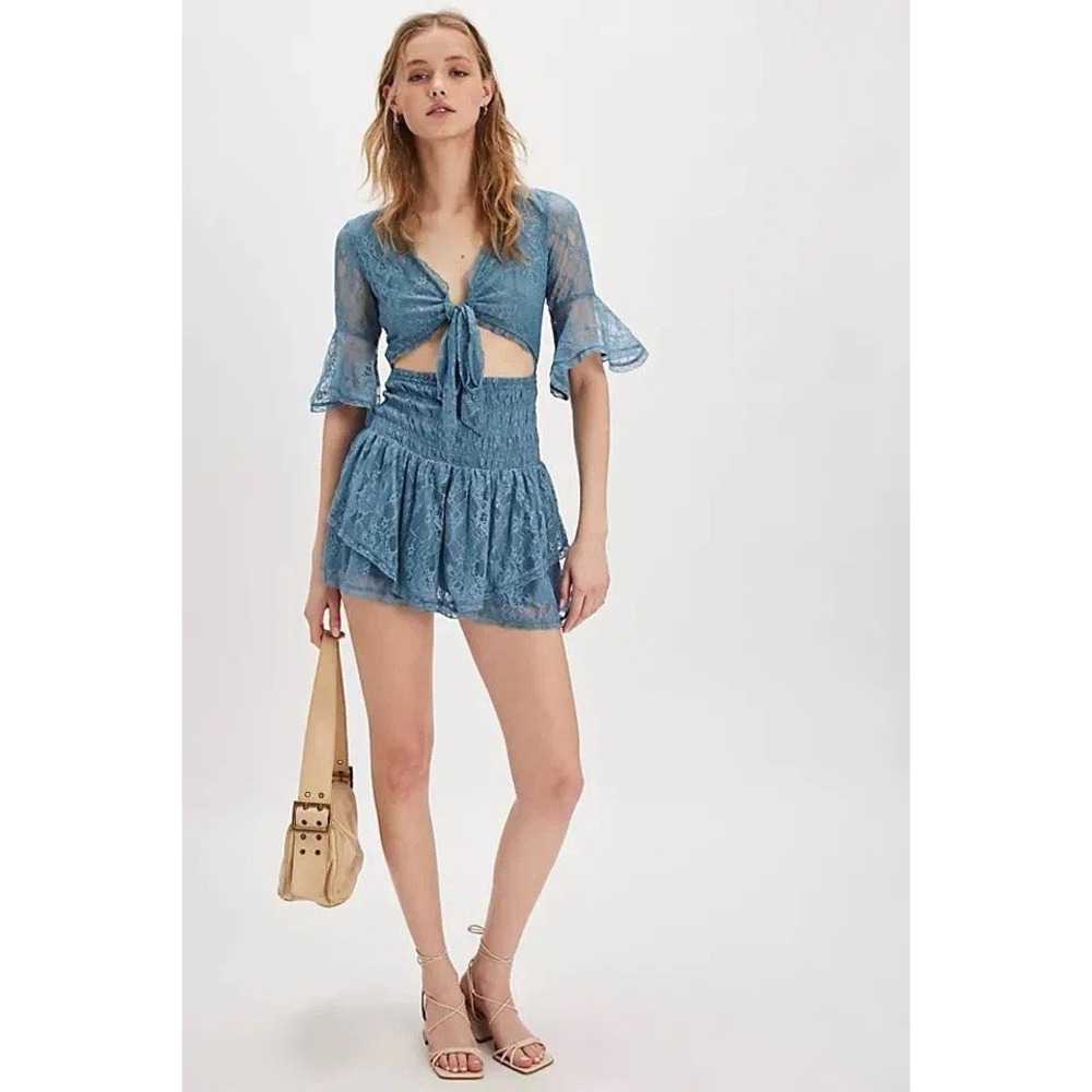 NWOT Free People Reversible Lace Mini Dress Blue Bell Sleeve Medium